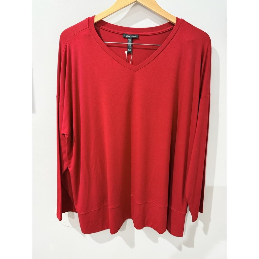 Eileen Fisher Cranberry V-Neck Long Sleeve Boxy Top 1X NWT $148 READ FLAWED Y